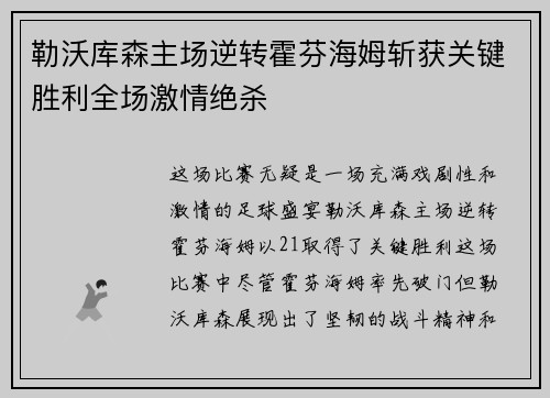 勒沃库森主场逆转霍芬海姆斩获关键胜利全场激情绝杀