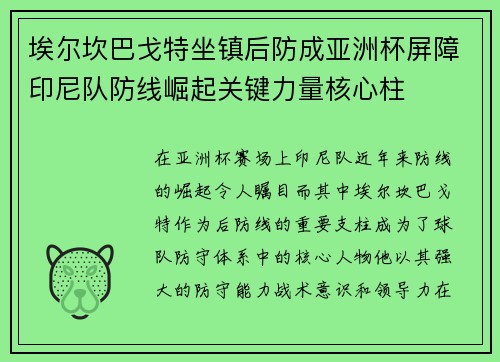 埃尔坎巴戈特坐镇后防成亚洲杯屏障印尼队防线崛起关键力量核心柱