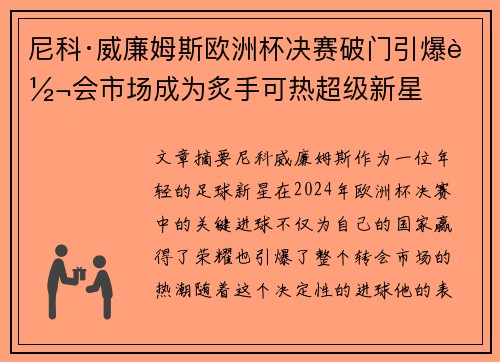 尼科·威廉姆斯欧洲杯决赛破门引爆转会市场成为炙手可热超级新星 尼科·威廉姆斯欧洲杯决赛破门引爆转会市场成为炙手可热超级新星